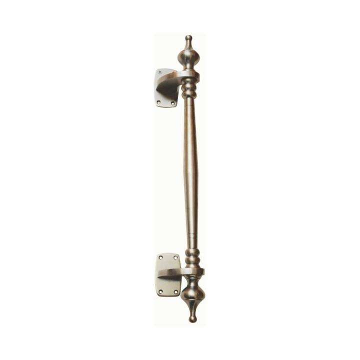 Solid brass offset pull handle with finials