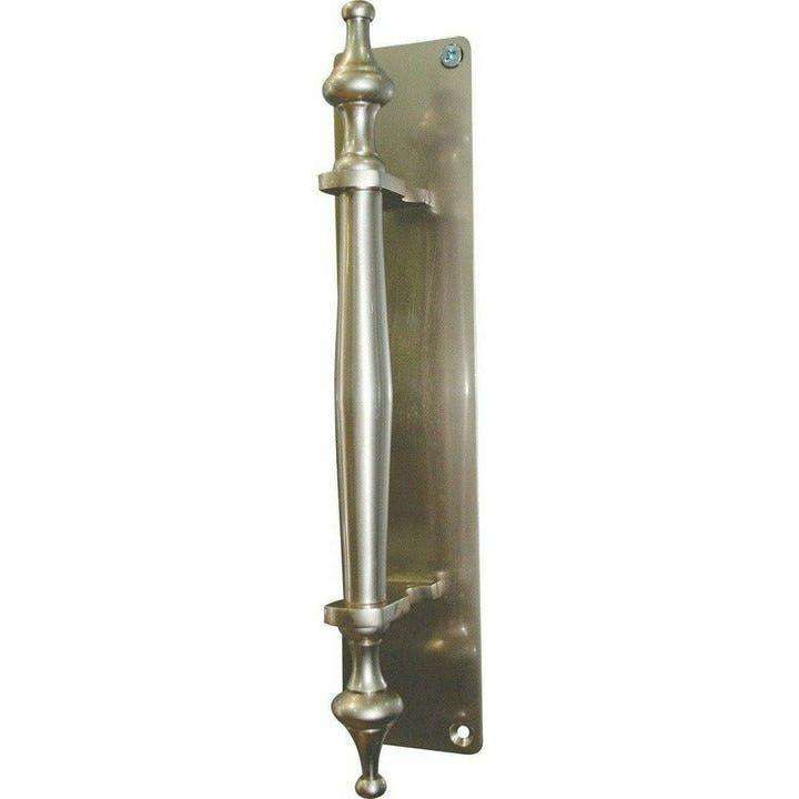 Solid brass pull handle on back plate with finials - 225mm