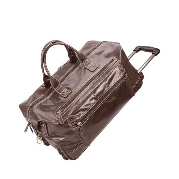 Leather Trolley Travel Bag with Wheels - Brown | MIRELLE