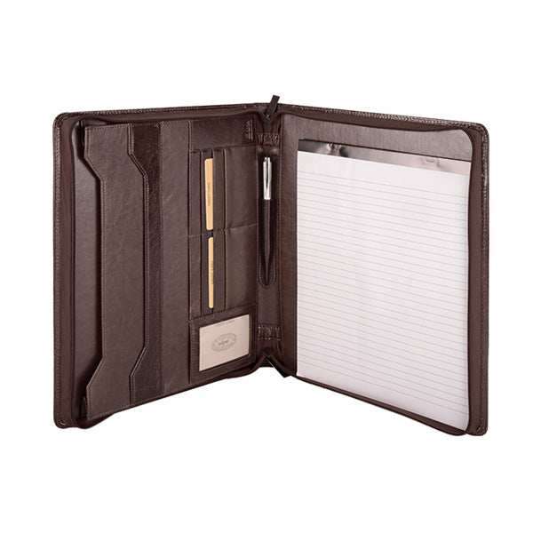 A4 Genuine Leather Zip Around Executive Folder - Brown