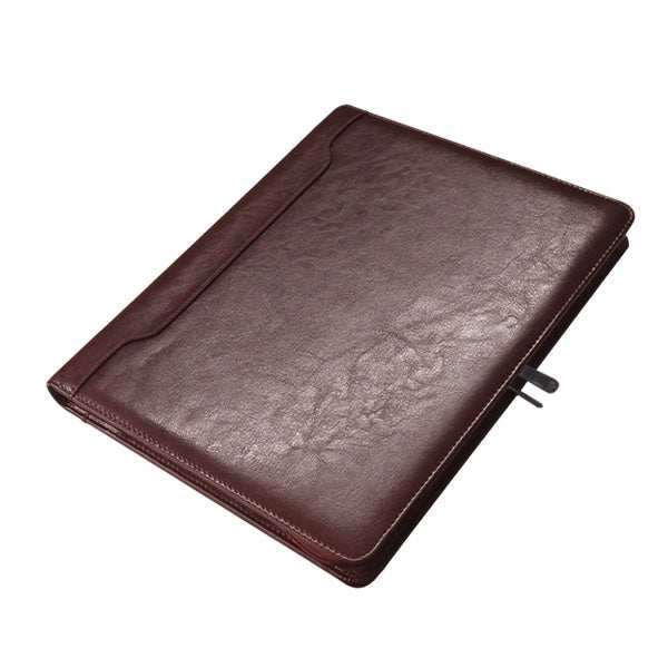 A4 Genuine Leather Zip Around Executive Folder - Brown