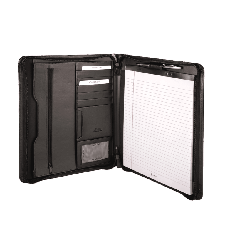 A4 Genuine Leather Zip Around Executive Folio Folder - Black