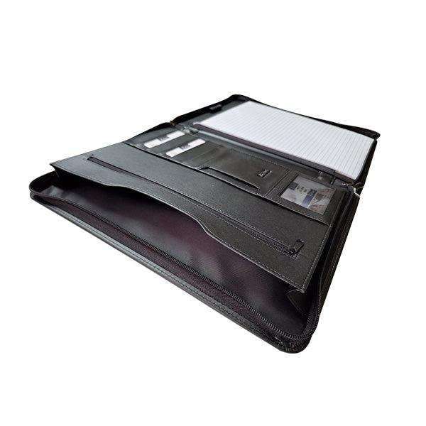 A4 Genuine Leather Zip Around Executive Folio Folder - Black