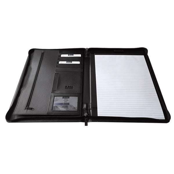 A4 Genuine Leather Zip Around Executive Folio Folder - Black