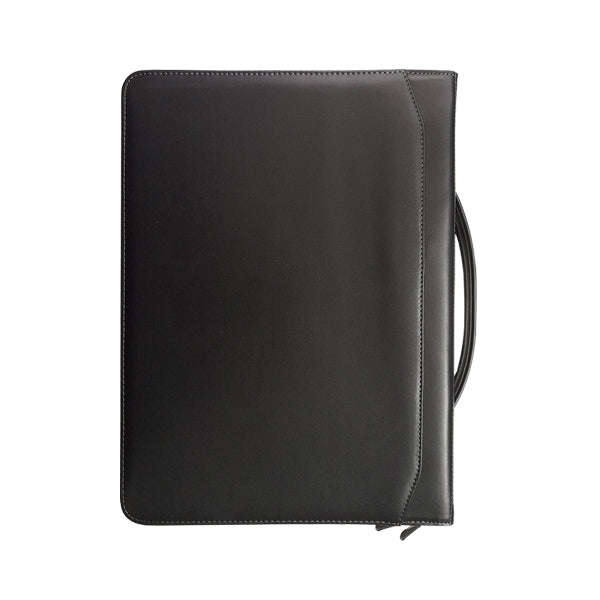 A4 Genuine Leather Zip Folder with Ring Binder and Handle - Black | MIRELLE
