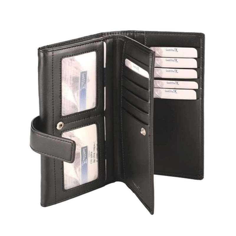Deluxe Tri-Fold Leather Ladies Purse with Tab - Black