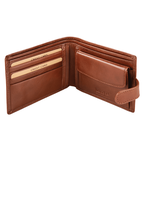 Leather Wallet With Coin Pouch & Tab Closure - Brown