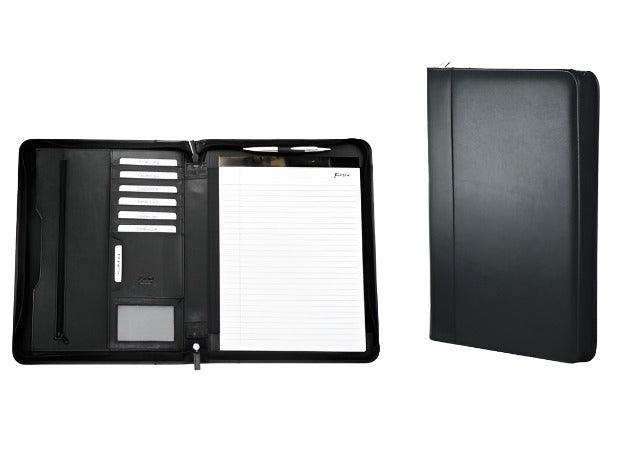 A4 Genuine Leather Zip Around Executive Folio Folder - Black