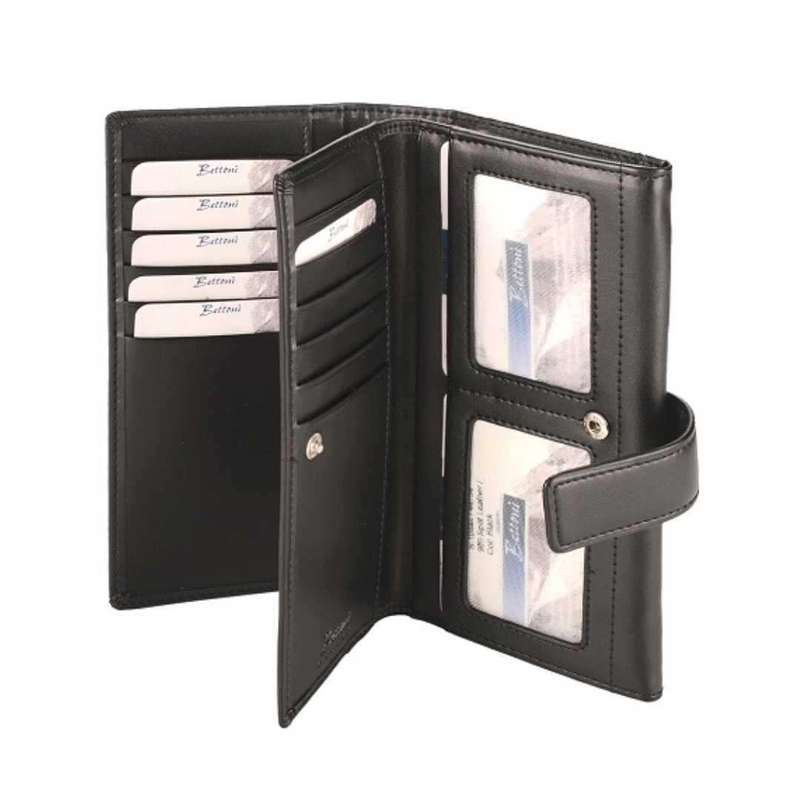 Deluxe Tri-Fold Leather Ladies Purse with Tab - Black