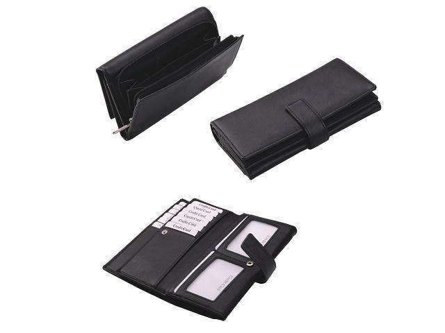 Deluxe Tri-Fold Leather Ladies Purse with Tab - Black