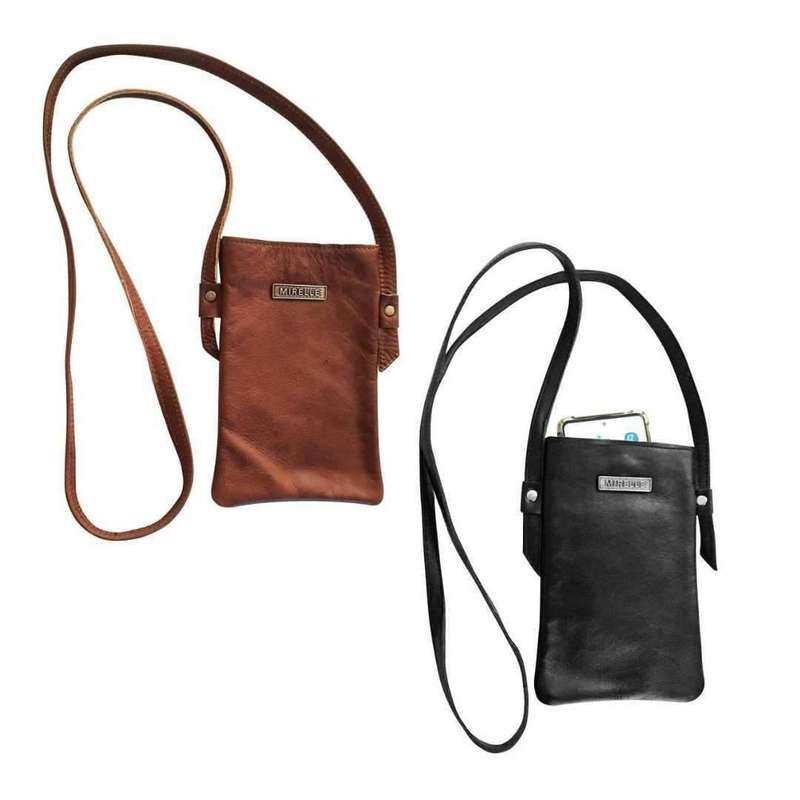 Mirelle Womens Leather Crossbody Cellphone Sling Bag - Pecan and Black - Combo