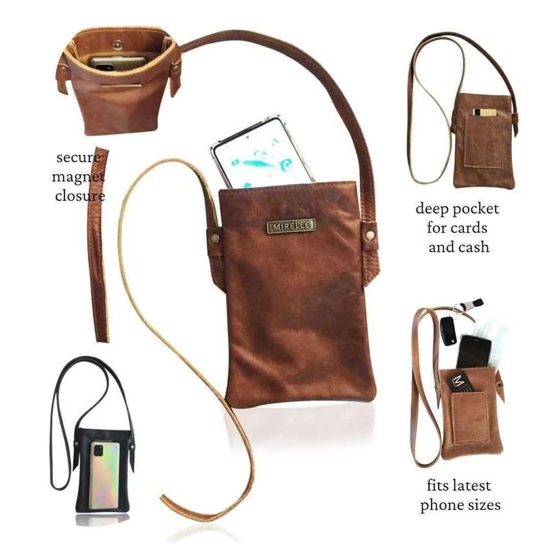 Mirelle Womens Leather Crossbody Cellphone Sling Bag - Pecan and Black - Combo