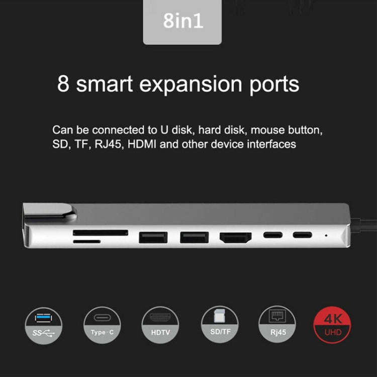 Aluminum Alloy 8 in 1 Multi HD USB 3.0 USB-C Hub Adapter Charging SD PD and TF RJ45 Card Reader A...