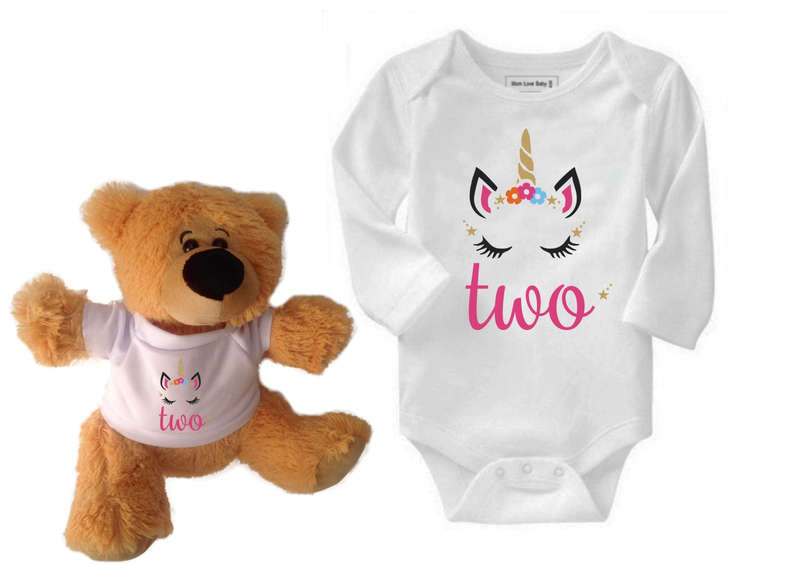 Unicorn Birthday Two  Baby grow and Teddy