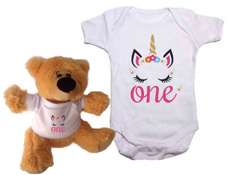 My First Birthday Unicorn Baby grow and Teddy Combo