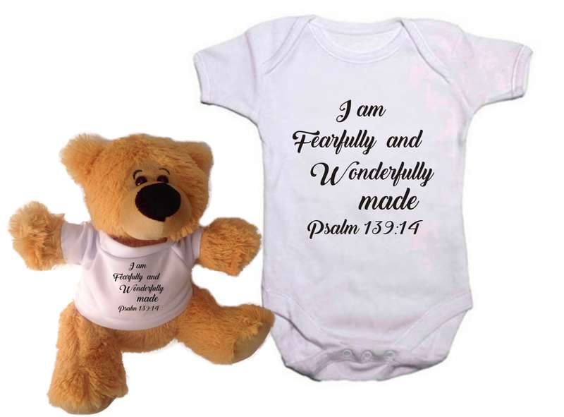 Fearfully and Wonderfully Made  Baby grow and teddy combo