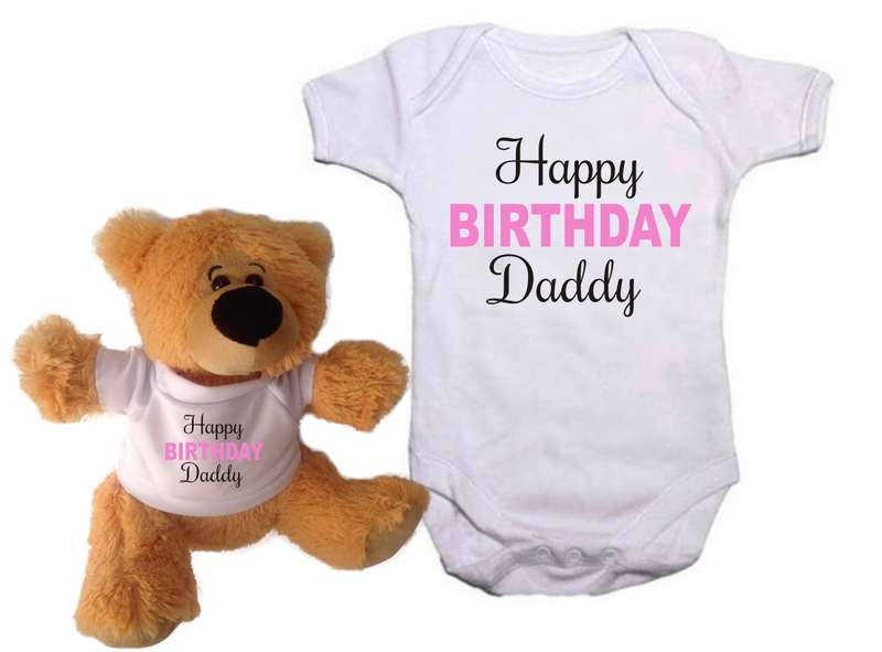 Happy Birthday Daddy Pink / Blue Baby grow and teddy combo