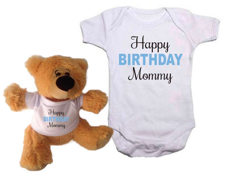 Happy Birthday Mommy  Pink / Blue Baby grow and teddy combo