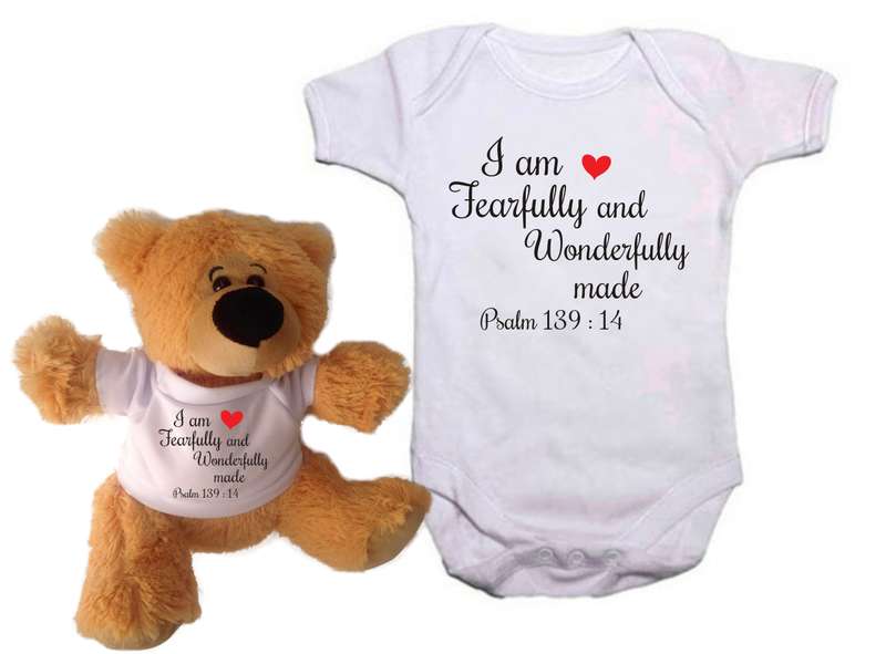 Fearfully and Wonderfully Made - heart -  Baby grow and teddy combo