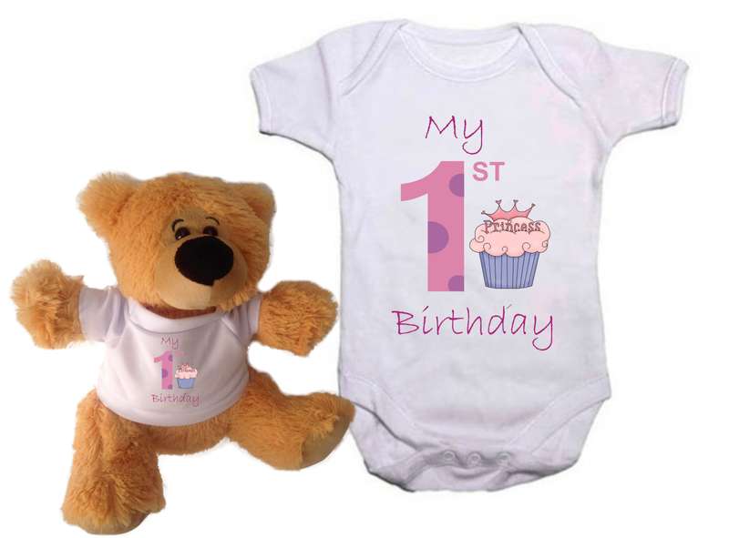 My First Birthday Cupcake  Baby grow and Teddy Combo