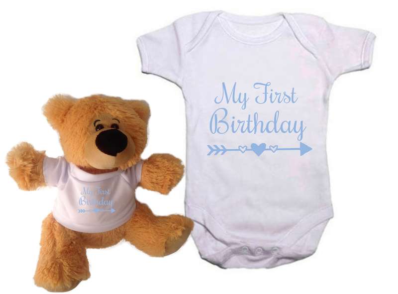 My First Birthday Arrow And Hearts Pink / Blue Baby grow and teddy combo