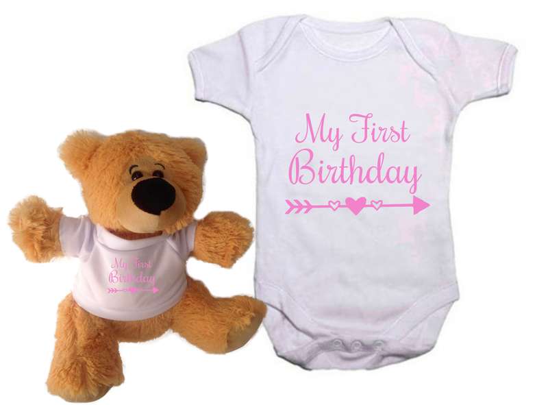 My First Birthday Arrow And Hearts Pink / Blue Baby grow and teddy combo