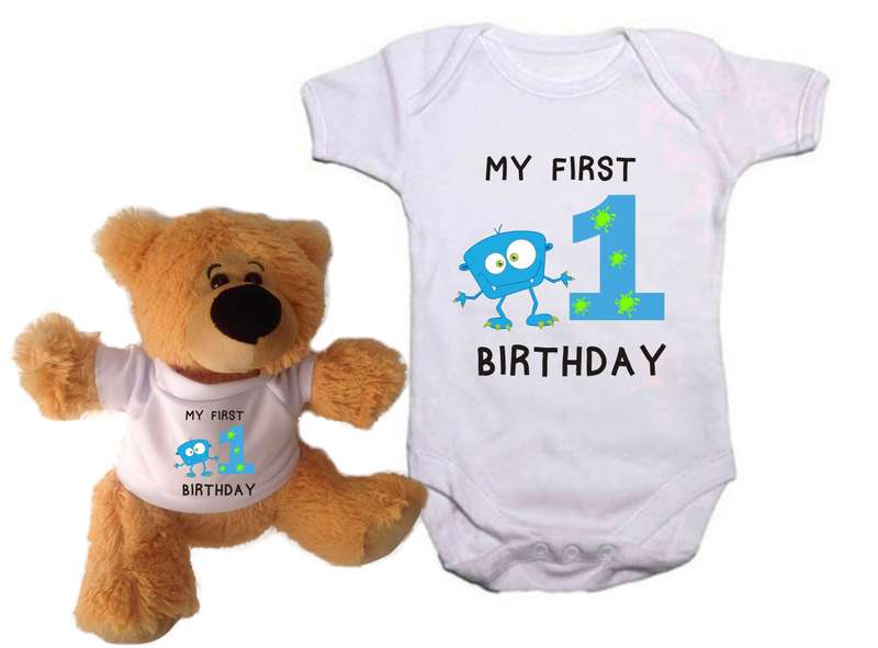 My First Birthday  Monster Baby grow and Teddy combo
