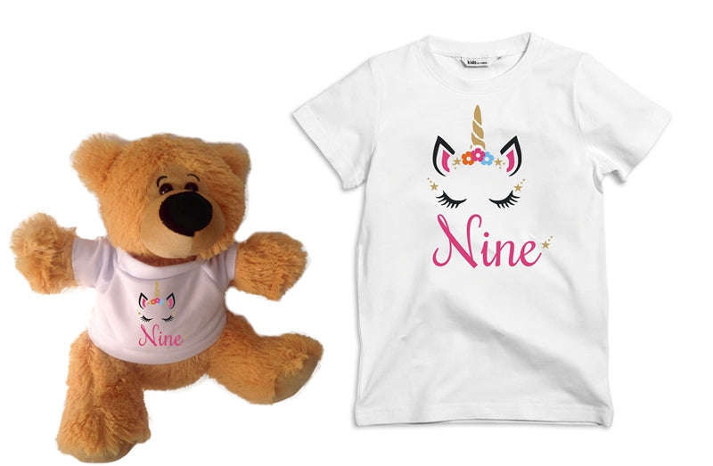 Unicorn Birthday Nine Kids tee & Teddy combo