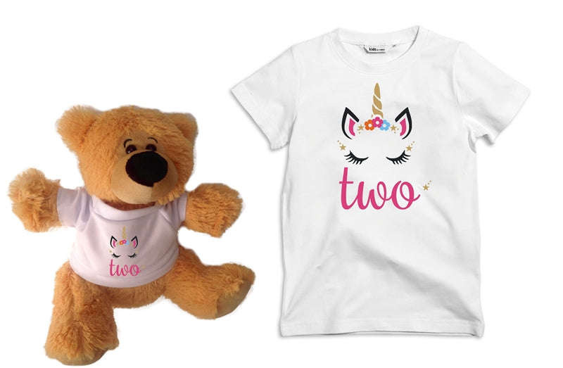 Unicorn Birthday Two Kids tee and Teddy combo