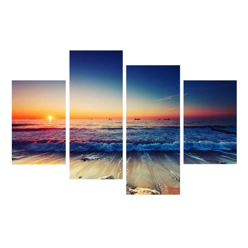 4 Panels Beach Sunset Canvas Printed Paintings Sea Seascape Modern Home Decor (Unframed) - Framed