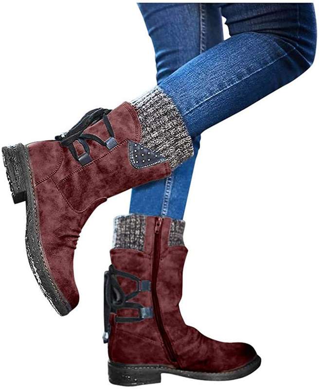 Women Leather Mid Calf Boots Women`s Vintage Retro Lace up Booties Side Zipper Boots black size 8