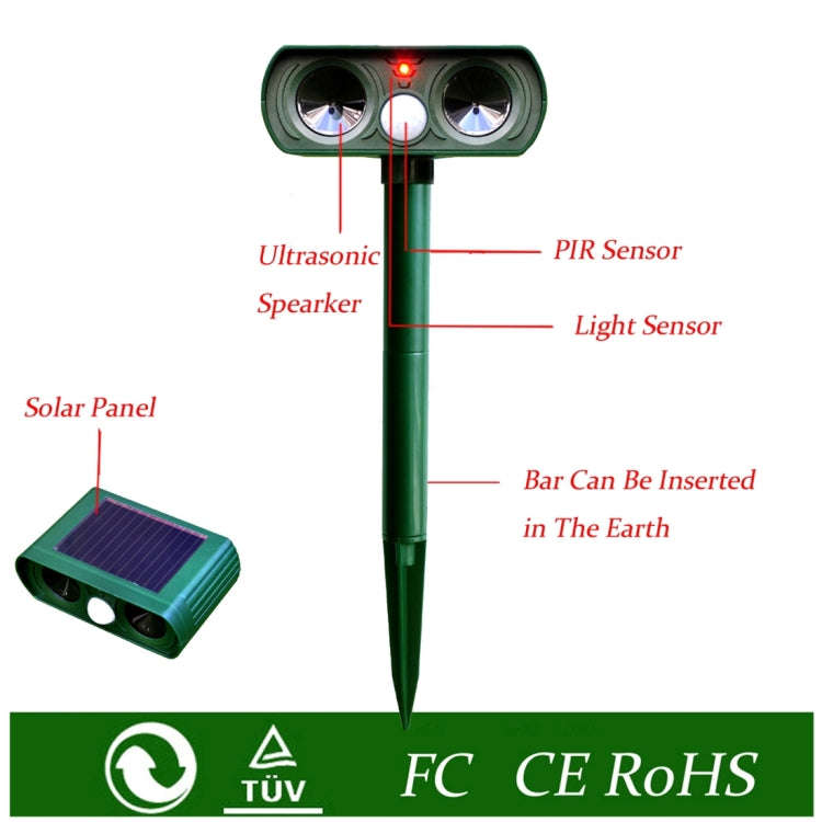 Powerful Ultrasonic Solar-powered Animal Repeller With PIR Sensor & Light Sensor