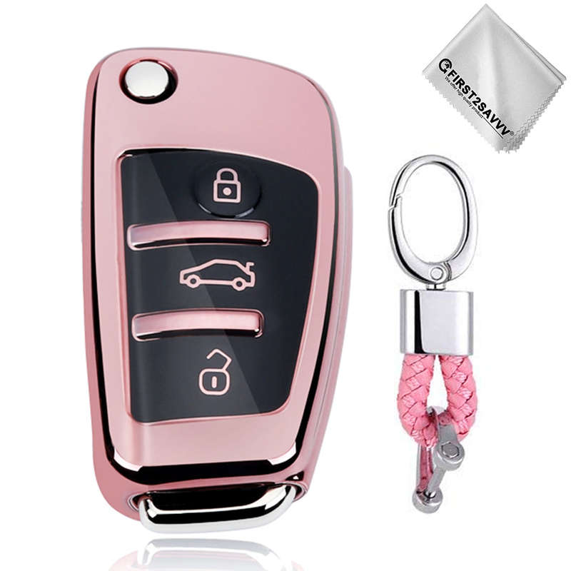 TPU One-piece Electroplating Opening Full Coverage Car Key Case with Key Ring for Audi A3 / Q3 (Pink