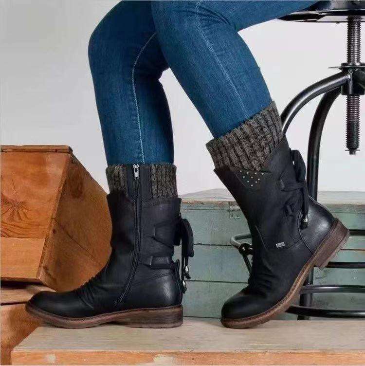 Women Leather Mid Calf Boots Women`s Vintage Retro Lace up Booties Side Zipper Boots black size 8