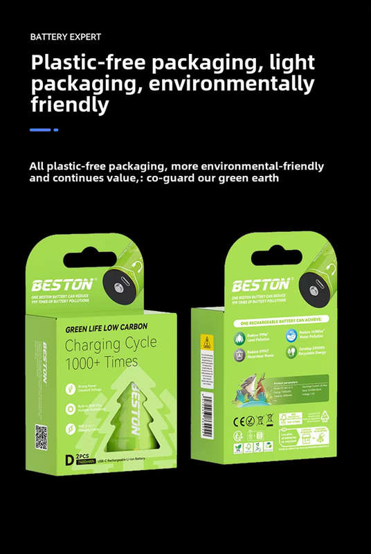 BESTON D Cell USB C Rechargeable Lithium-ion Battery | 1.5V | 4900mAh | 2 Pack