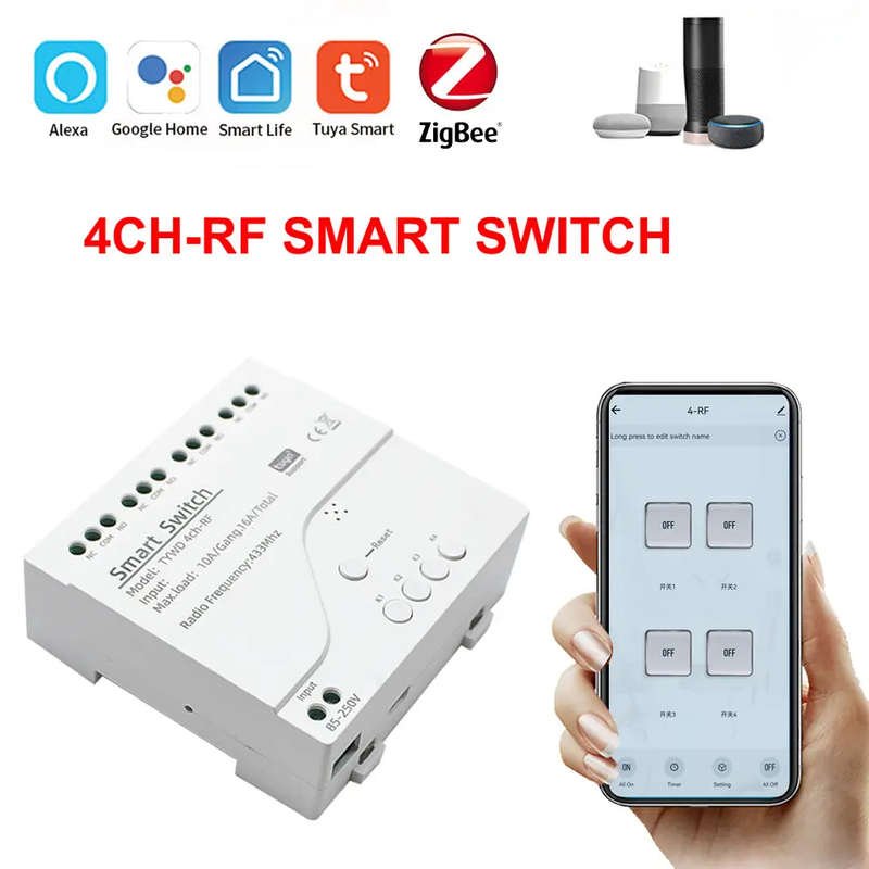 Smart Life Tuya Zigbee 4CH 5V or 85-250V Door Gate Garage Opener Inching Relay Module with RF433Mhz
