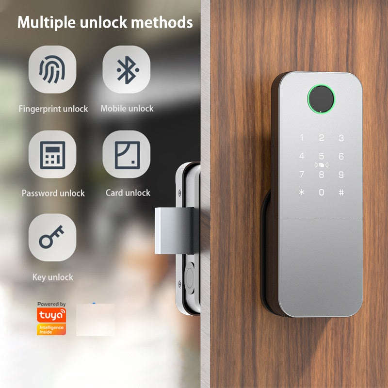 Smart Life Tuya WIFI Double Sided Fingerprint Keypad Card Door Handle Rim Lock w/ Remote (Silver)