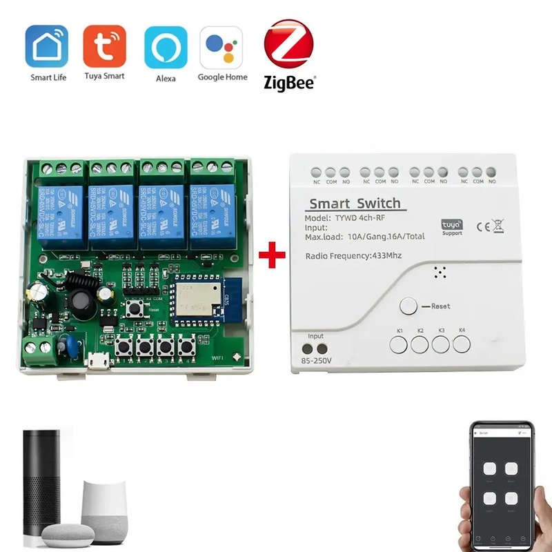 Smart Life Tuya Zigbee 4CH 5V or 85-250V Door Gate Garage Opener Inching Relay Module with RF433Mhz