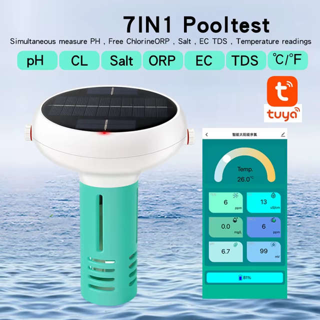 Smart Life Tuya Zigbee Solar Water Quality Tester Chlorine/TDS/EC/PH/Salinity/ORP/Temperature