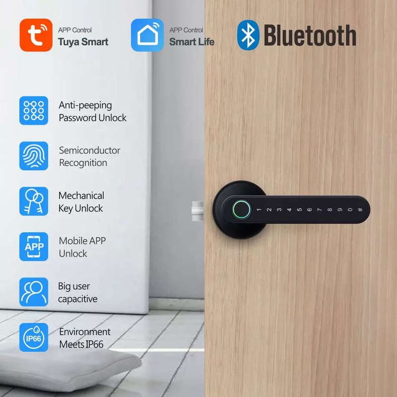 Smart Life Tuya Bluetooth Access Control Fingerprint Keypad Door Handle Lock T8 (Black)
