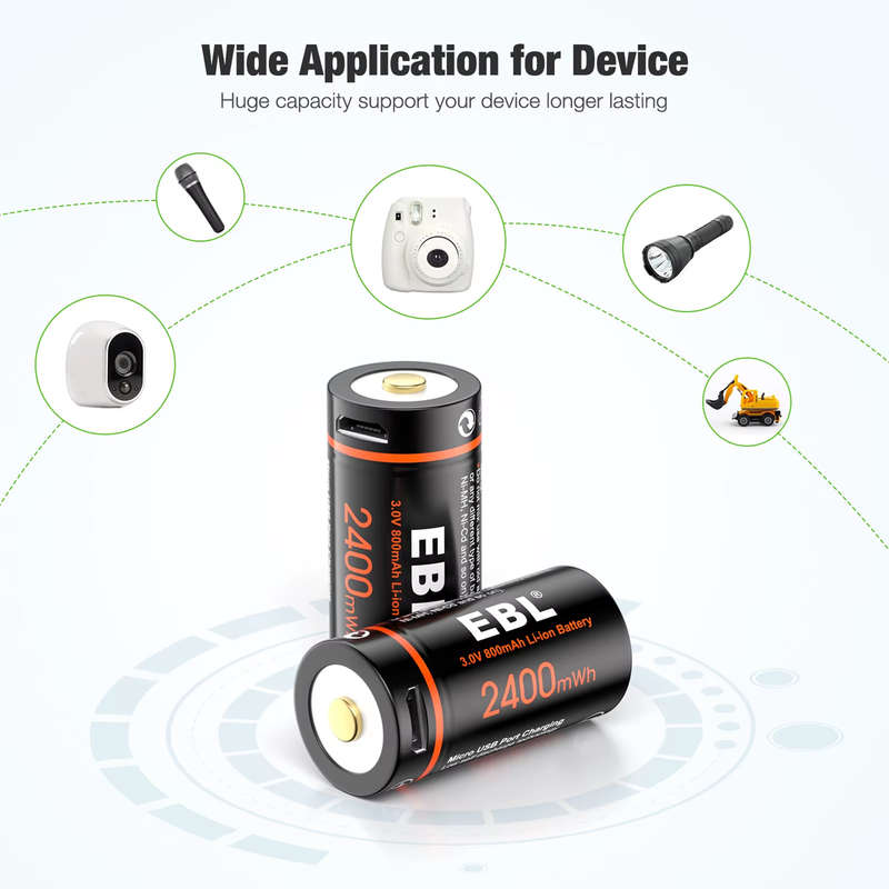 EBL CR123A Micro USB Rechargeable Lithium-ion Battery | 16340 | 3V | 800mAh | 4 Pack