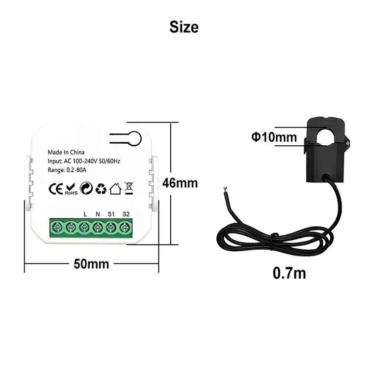 Smart Life Tuya Zigbee 1CH Mini Power Energy Monitor Clamp Meter 240V 80A Single phase