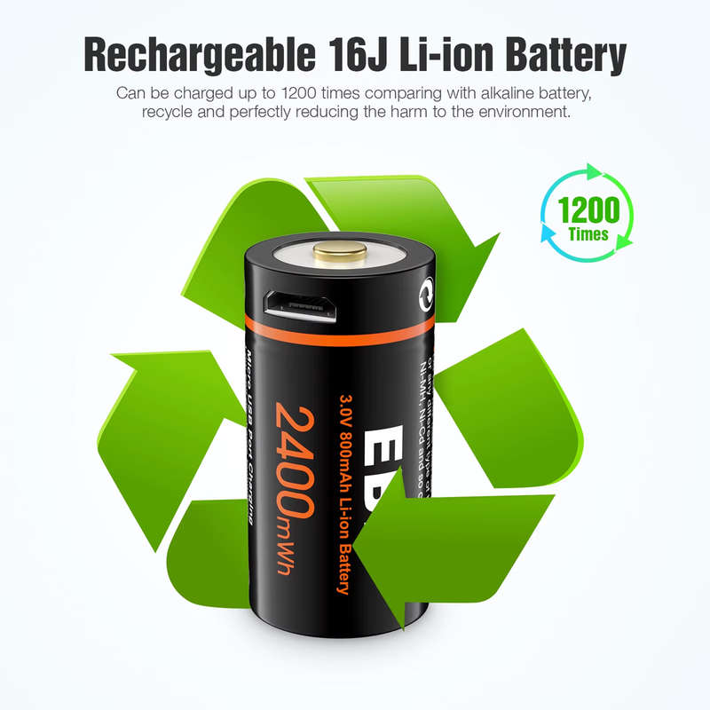 EBL CR123A Micro USB Rechargeable Lithium-ion Battery | 16340 | 3V | 800mAh | 4 Pack