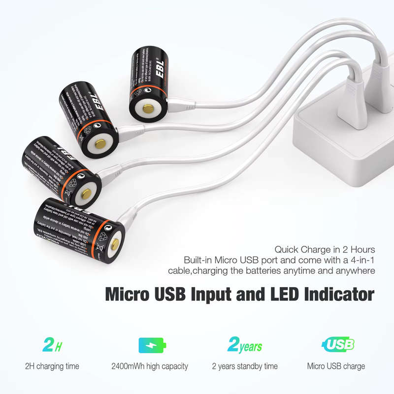 EBL CR123A Micro USB Rechargeable Lithium-ion Battery | 16340 | 3V | 800mAh | 4 Pack