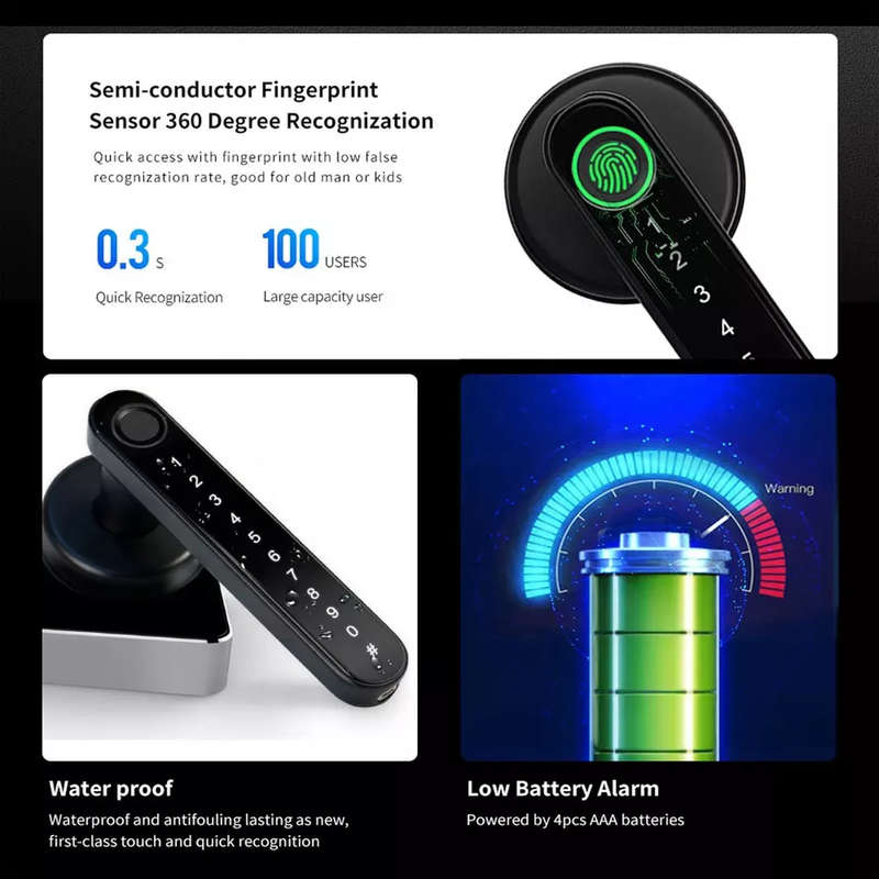 Smart Life Tuya Bluetooth Access Control Fingerprint Keypad Door Handle Lock T8 (Black)