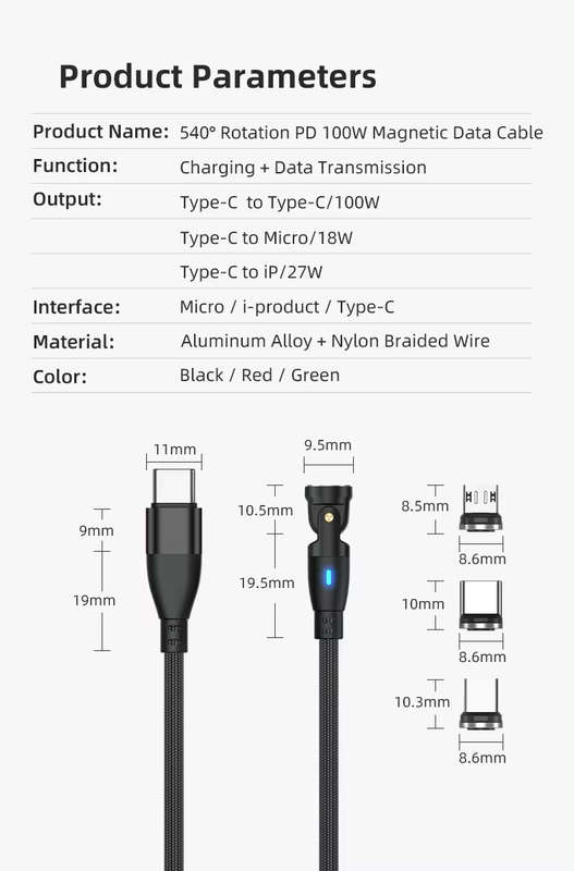 6 in 1 Magnetic Rotatable Cable Data Fast Charging PD100W 1.8m Micro, USB C, IOS Nylon Braided Red