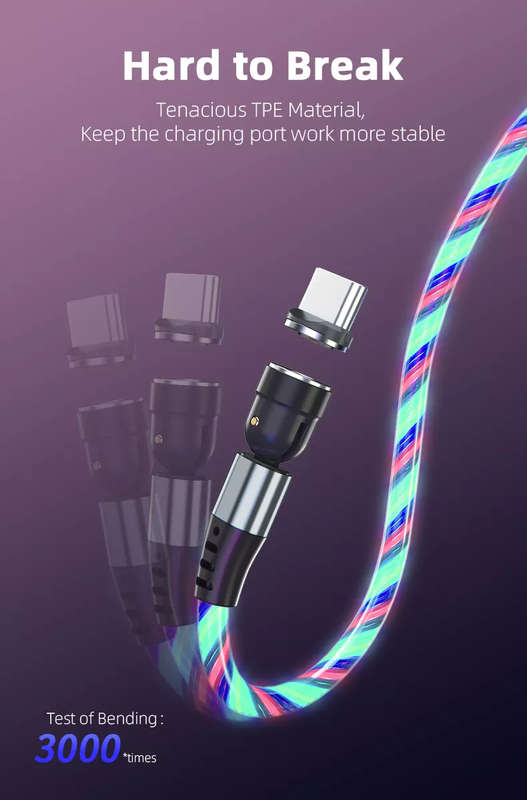 3 in 1 Luminous LED Magnetic Cable 3A Data Fast Charging 540 Rotatable 2m Micro, USB C, IOS (Mult...