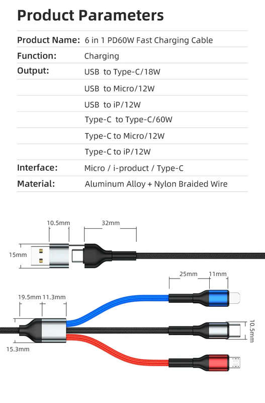 6 in 1 USB A or C to Micro USB, USB C, IOS Cable Fast Charging PD60W 1.2m Nylon Braided (Black)
