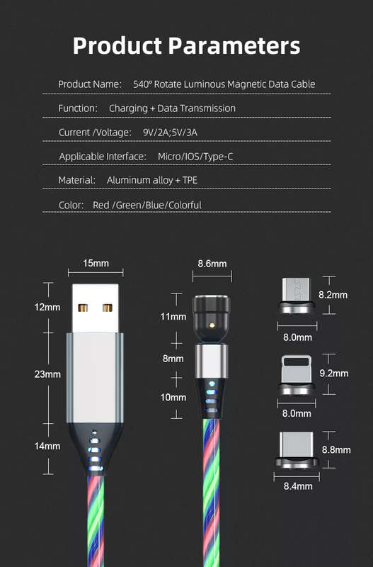 3 in 1 Luminous LED Magnetic Cable 3A Data Fast Charging 540 Rotatable 2m Micro, USB C, IOS (Mult...