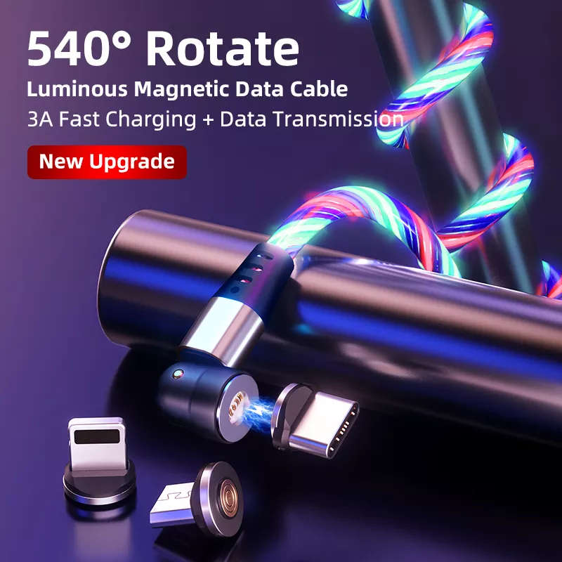 3 in 1 Luminous LED Magnetic Cable 3A Data Fast Charging 540 Rotatable 2m Micro, USB C, IOS (Mult...